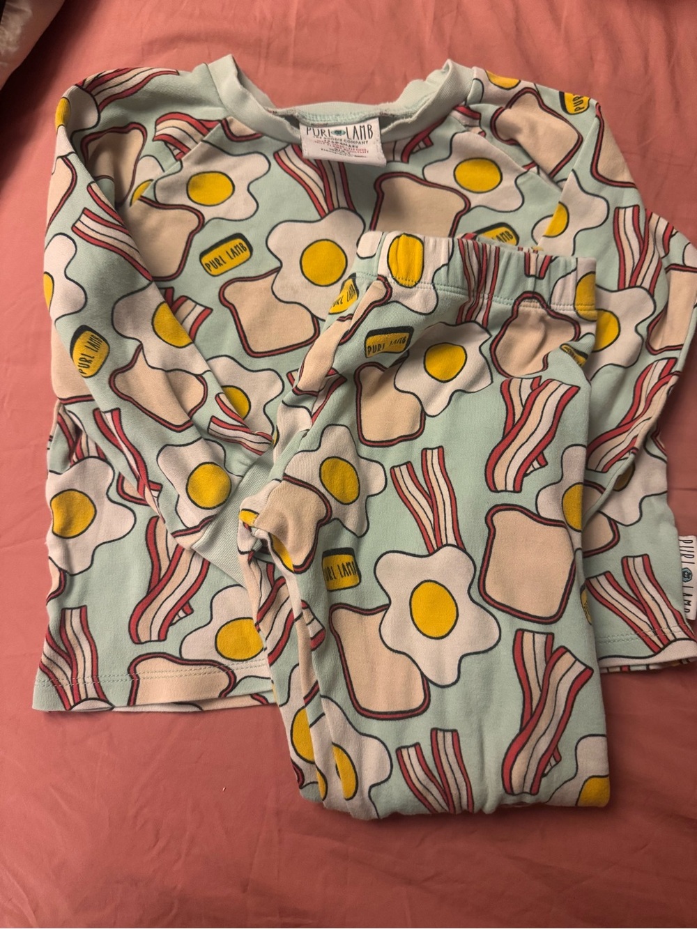 Kids Breakfast Print Pajama Set - Light Blue with Yellow Egg Accent